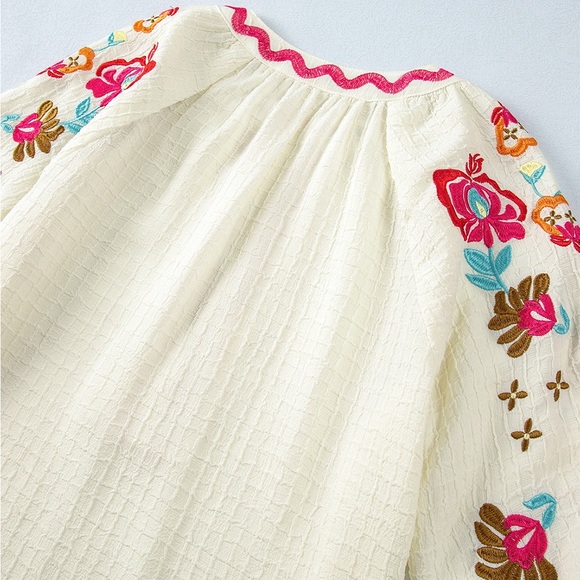 Beige Floral Embroidered Ricrac Puff Sleeve
Textured Blouse Bohemian Top - Picture 13 of 15